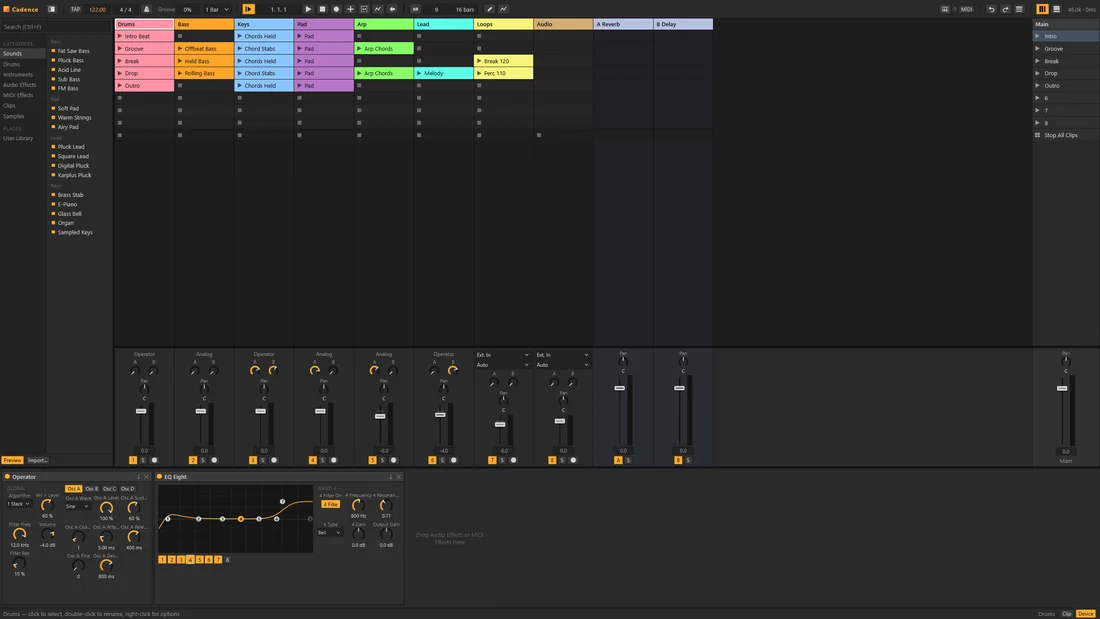 Cadence session view with a colored clip grid and mixer